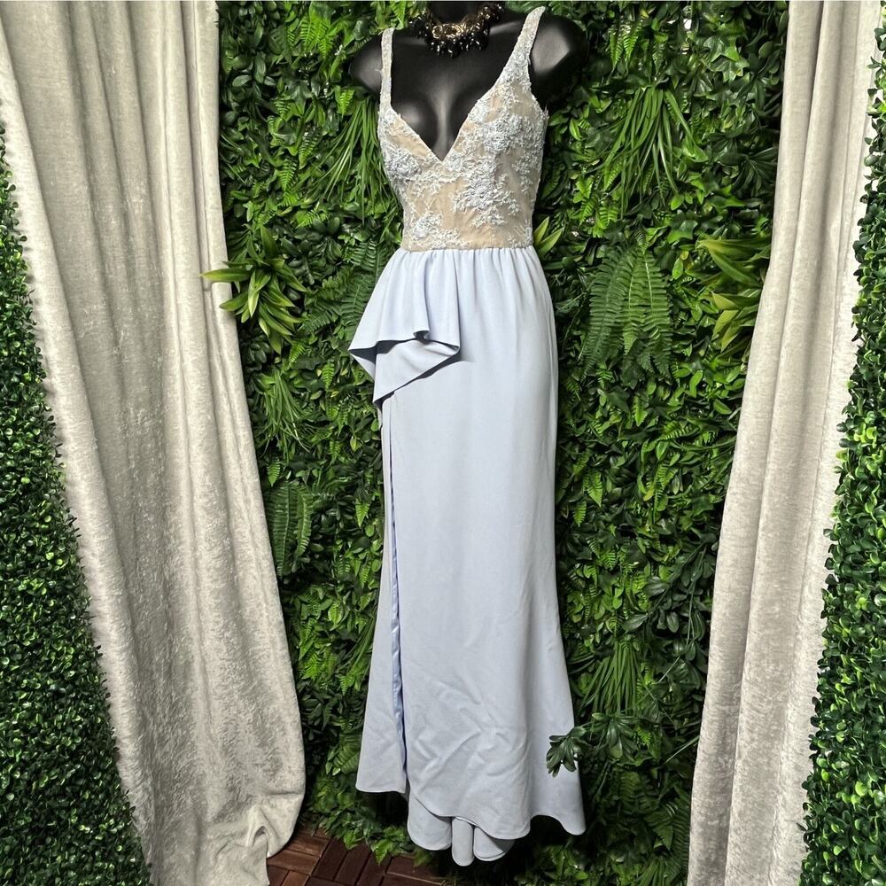 ELEGANT Dress Women XS‎ Blue Nude Peplum Gown Sequin Embroidered Beaded 2670